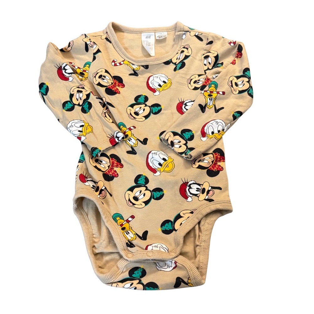 H&M Beige Bodysuit with Mikey and Friends Christmas Character Print Sz 18 Months